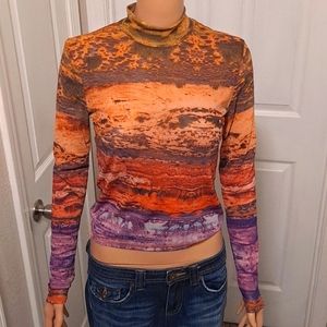 Forever 21 Sheer Mock Turtleneck Long Sleeve Desert Landscape Top